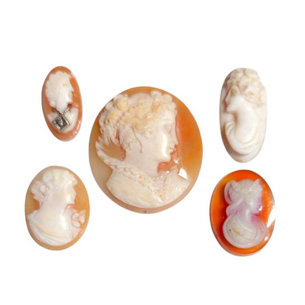 Vintage Loose Carved Shell Cameo Lot 5 Piece Habille Diamond 10k